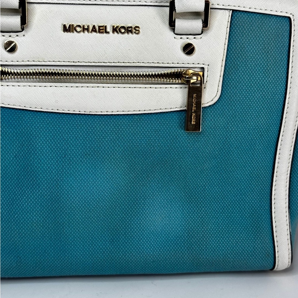 Michael Kors Selma Large Top Zip Summer Blue Canvas/Leather Satchel Bag - Picture 5 of 15